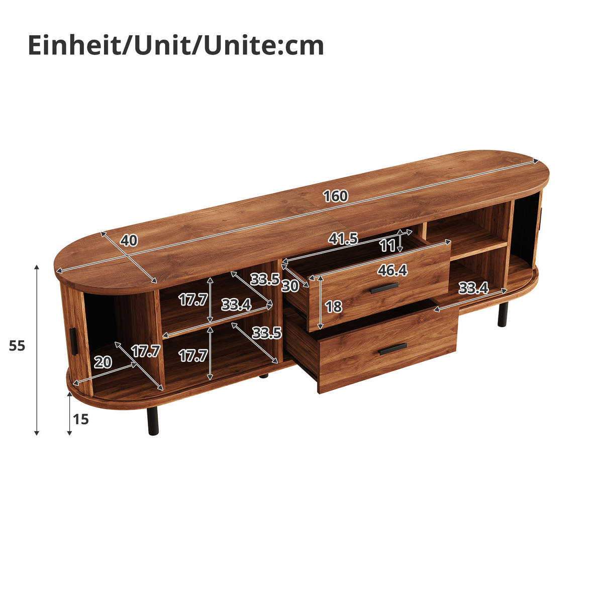 TV-SCHRANK 160/40/55 cm Walnussholzfarbe mit 2 Schublade und Schiebetüren - Nussbaumfarben/Schwarz, Holz/Holzwerkstoff (160/55/40cm) - Oxeza