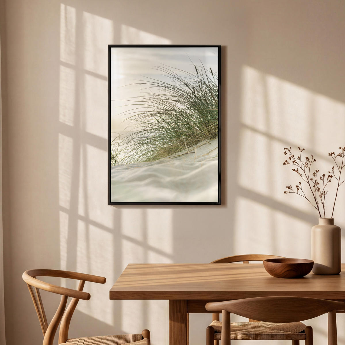 LEINWAND Bilder mit Rahmen - Dünen mit Strandhafer in der Sonne des Nationalparks Schleswig-Holsteinisches Wattenmeer - 60x90 - Creme, Textil (60/90cm) - MuchoWow