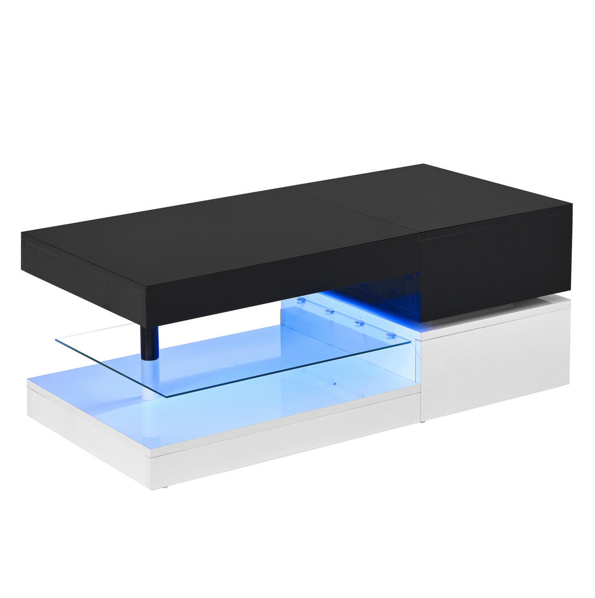 COUCHTISCH 90/45/35,5 cm mit LED-Beleuchtung, APP- & Bluetooth-Steuerung, Glasablage und Hochglanzoberfläche, Schwarz/Weiß - Schwarz, Holzwerkstoff (90/45/35.5cm) - Redom