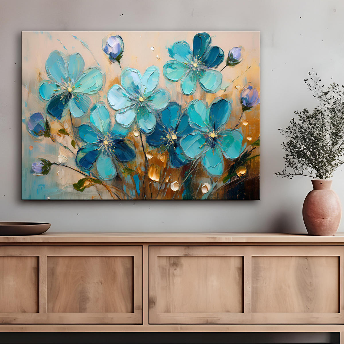 WANDBILD türkisfarbene blumen pflanzen natur - Türkis, Textil (60/40cm) - Feeby