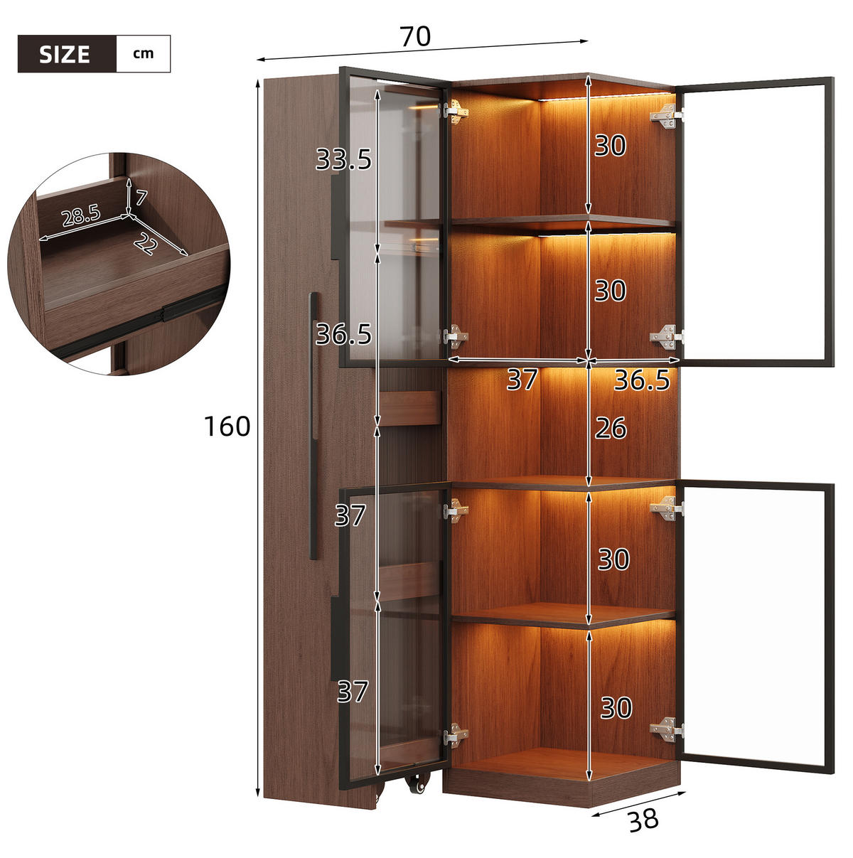 VITRINE 70/38/160 cm aus MDF und Glas mit LED-Beleuchtung und ausziehbaren Seitenregalen Walnussfarben - Walnussfarben, Holzwerkstoff (70/160/38cm) - Modenvie
