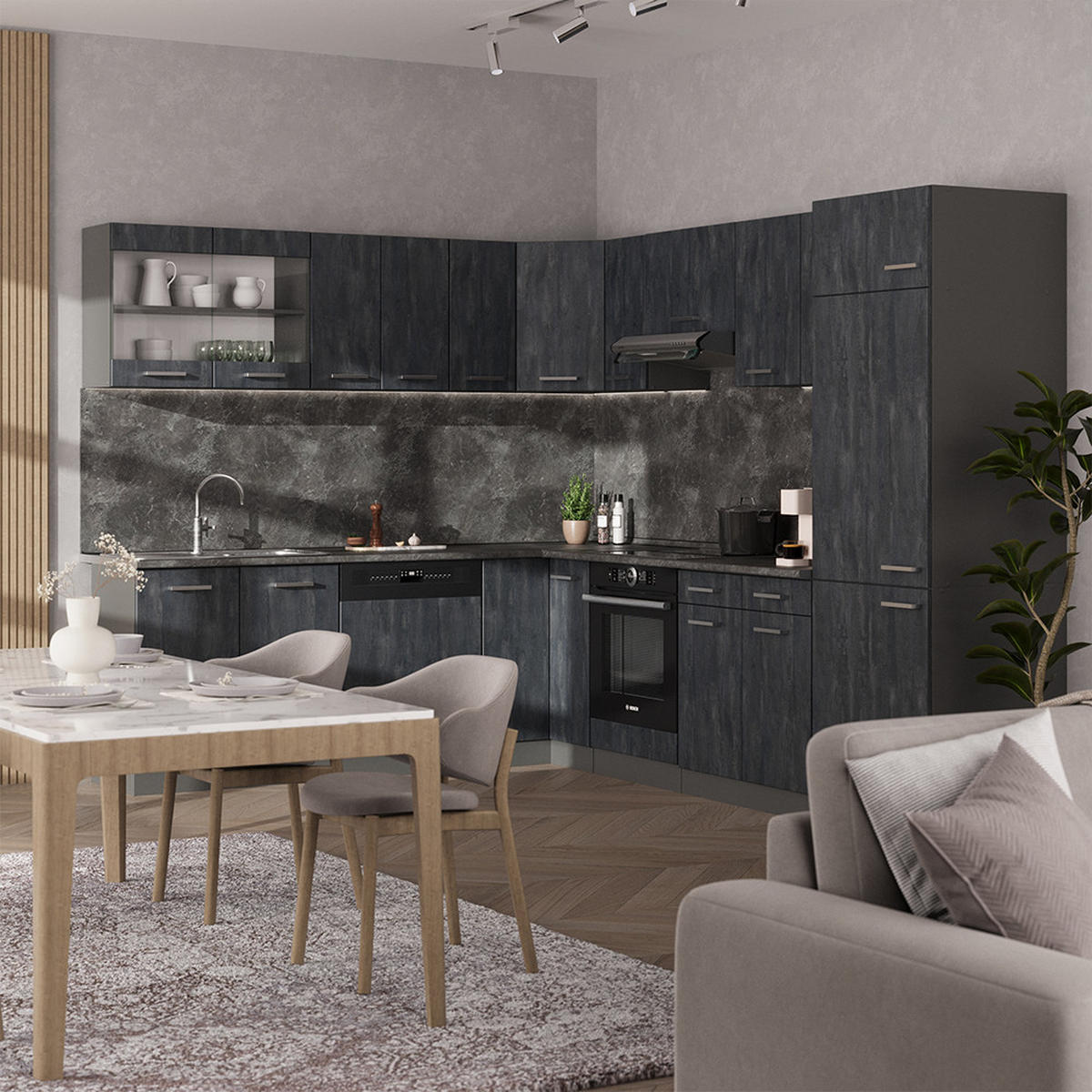ECKKÜCHE IN L-FORM R-Line Schwarz Beton/Anthrazit 227 x 287 cm AP Marmor - Anthrazit/Schwarz, Holzwerkstoff (287/81.6/60cm) - Vicco