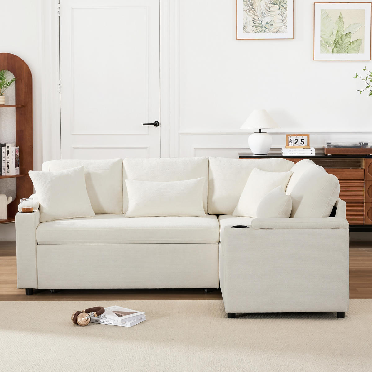 ECKSCHLAFSOFA 206.5/141/86 cm Beige mit Stauraum, Getränkehalter, USB-Ladeanschluss und Armlehnenablage - Beige, Textil (206.5/141cm) - Oxeza