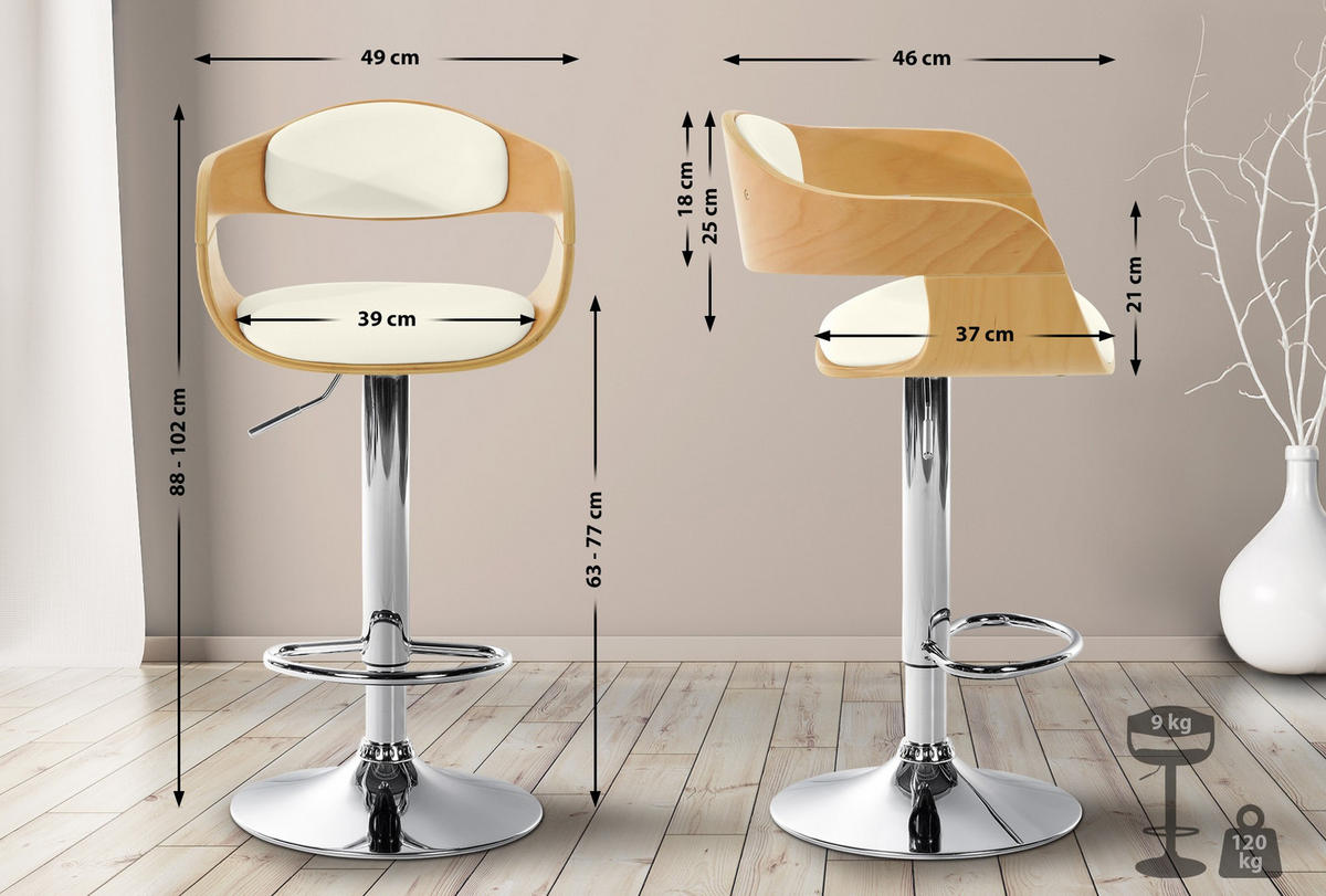 BARHOCKER Lederlook natura/weiß - Eukalyptusholzfarben/Weiß, Textil/Metall (50/88/48cm) - CLP