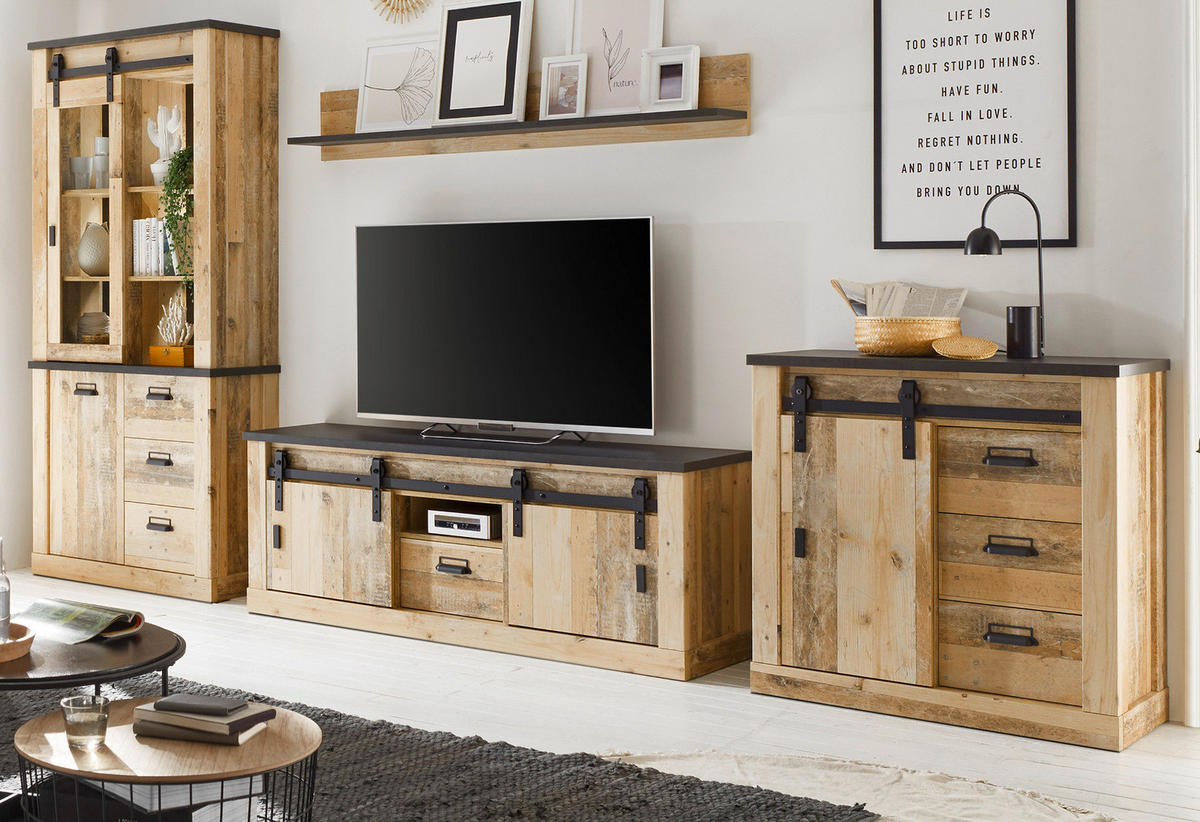 WOHNWAND Used Wood hell, anthrazit 4-teilig 388 cm, Schrankwand mit Soft-Close - Anthrazit/Schwarz, Glas/Holzwerkstoff (388/201/43cm) - Furn.Design
