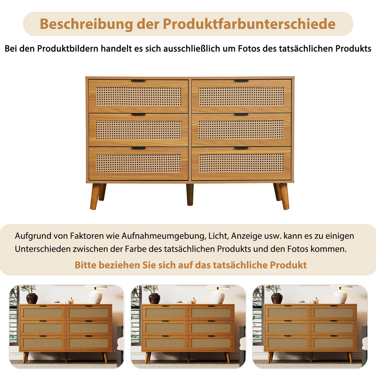 SIDEBOARD 120/40/76,5 cm in Walnuss mit 6 Schubladen und Rattan-Optik - Naturfarben, Holzwerkstoff (120/76.5/40cm) - Flora Grace