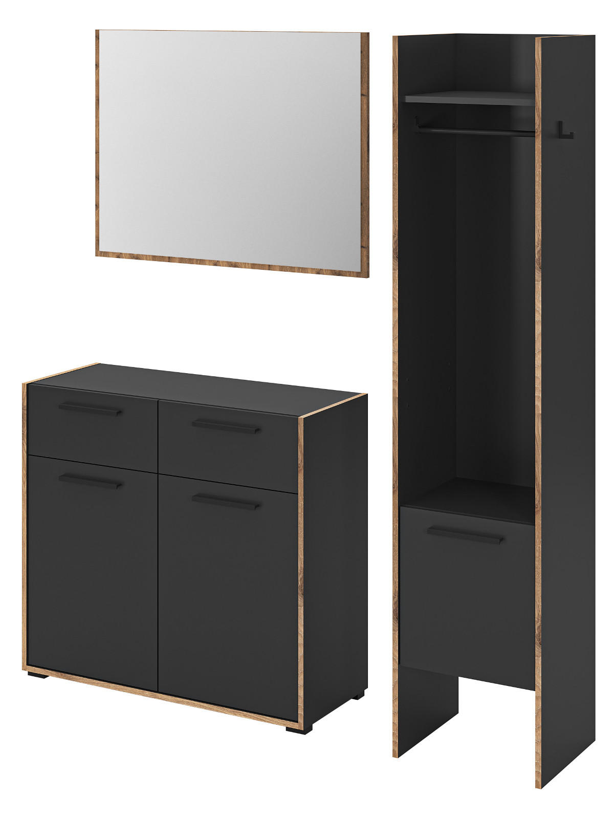 GARDEROBE-SET grau und Nox Eiche, Garderobenkombination 3-teilig, 152 x 189 cm, Salud - Dunkelgrau/Eichefarben, Holzwerkstoff/Kunststoff (152/189/37cm) - Inn.Furn