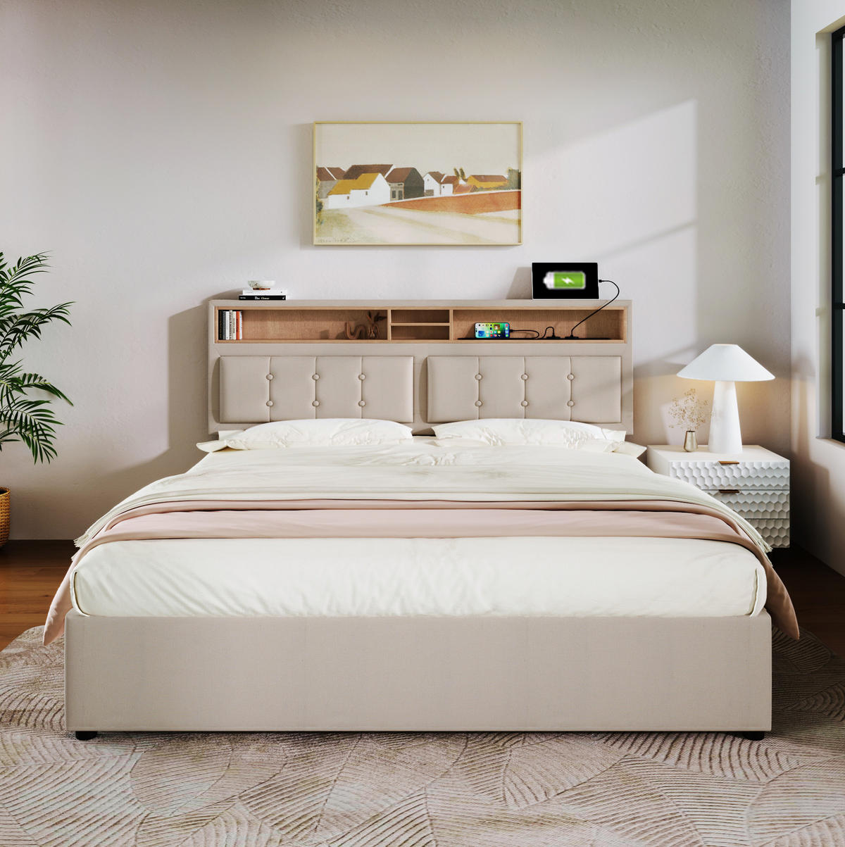 POLSTERBETT mit Stauraum und USB/Type-C 160x200 cm Leinen Beige - Beige, Metall (160/200cm) - Meubliv