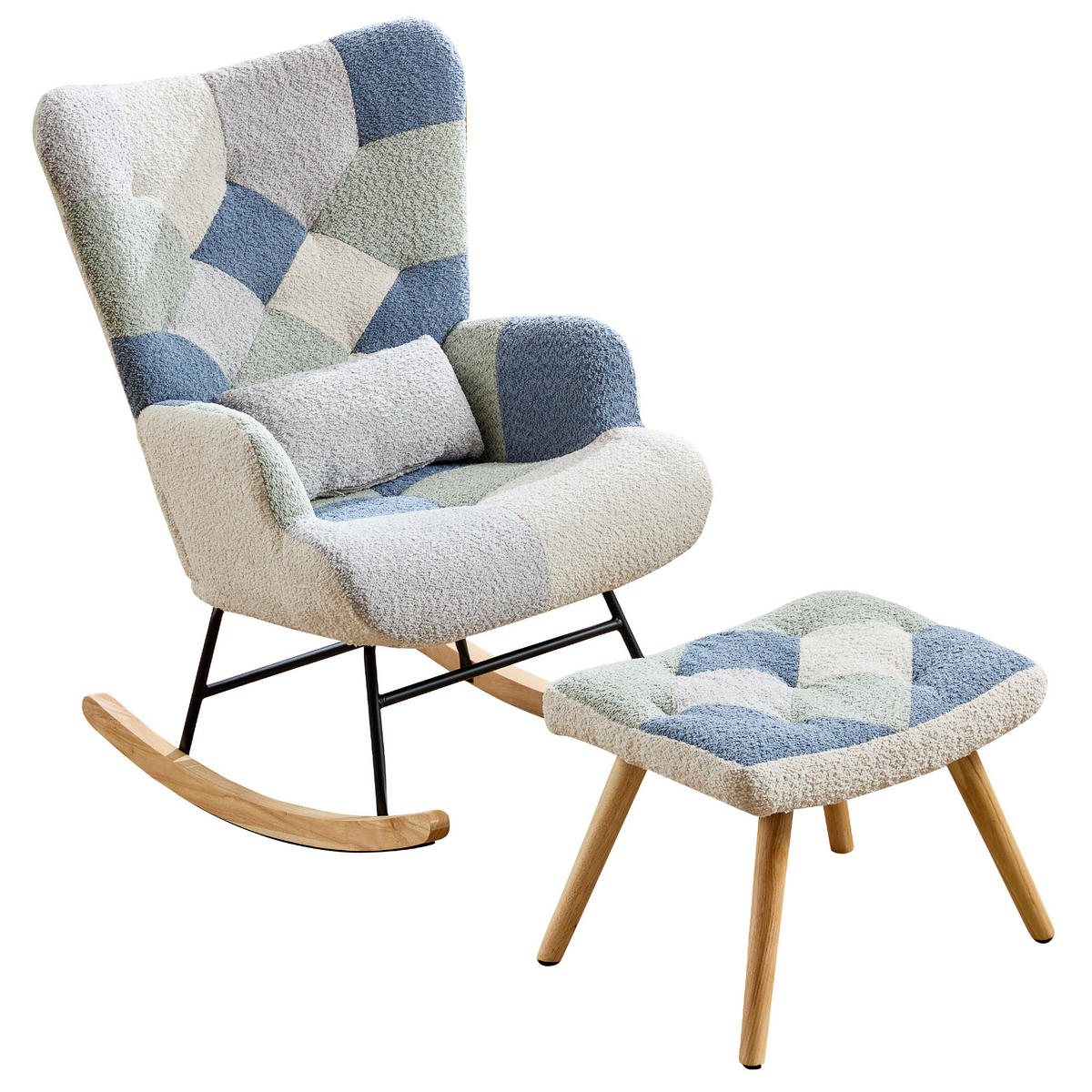 HOJDACIA stolička 122/68/91 cm z látky béžovo-modré s podnožkou - viacfarebná, textil (68/91/122cm) - BEAOK
