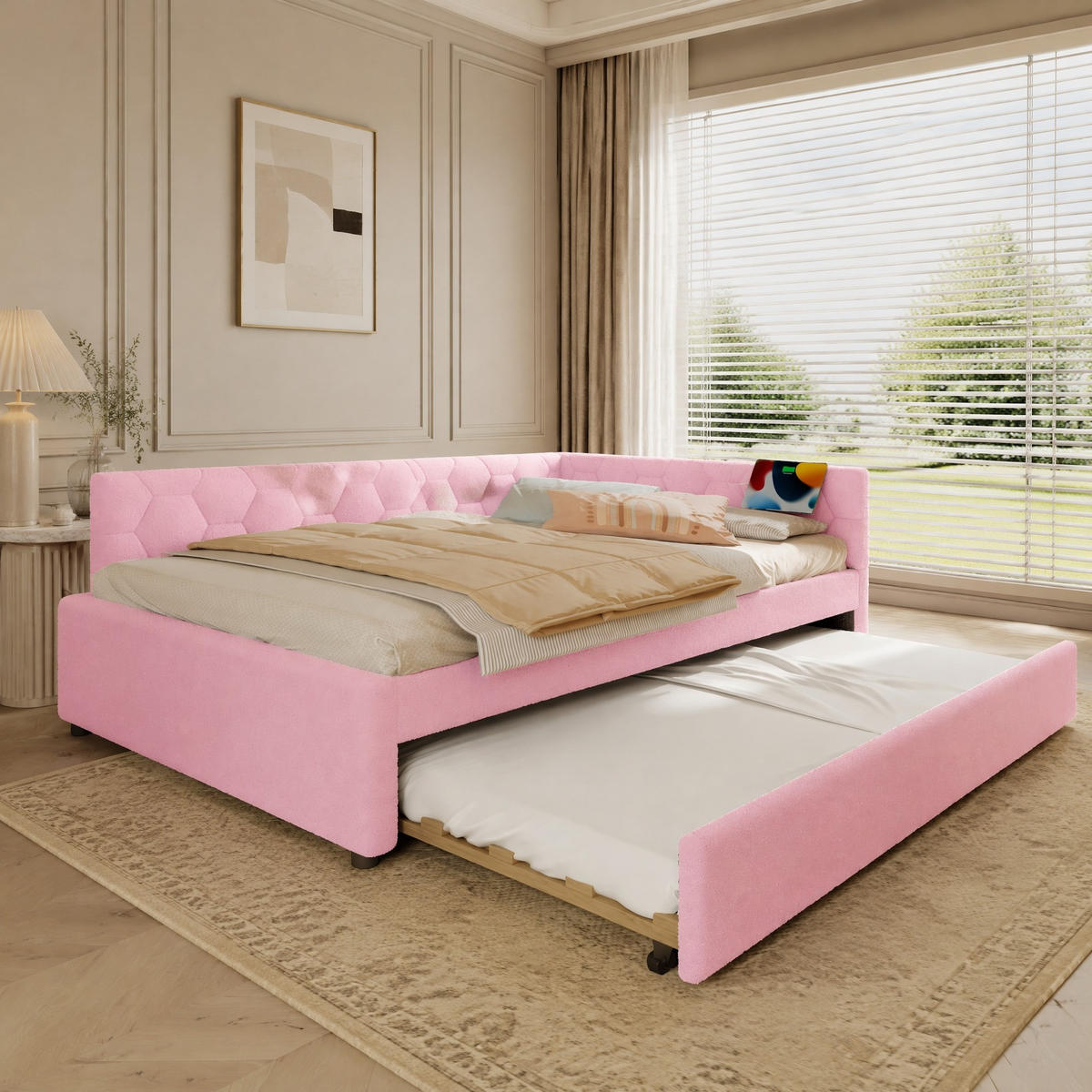 POLSTERBETT 140/200 mit Ausziehbett, Nachttischlampe, USB, Type-C und Vliesimitat in Rosa - Rosa, Holzwerkstoff/Textil (140/200cm) - EVRYAE