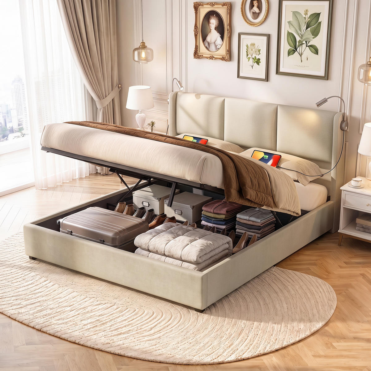 POLSTERBETT 160x200 cm mit Stauraum, Ladestation, Kopfteillampe - Beige, Holzwerkstoff/Textil (160/200cm) - WoodenAura