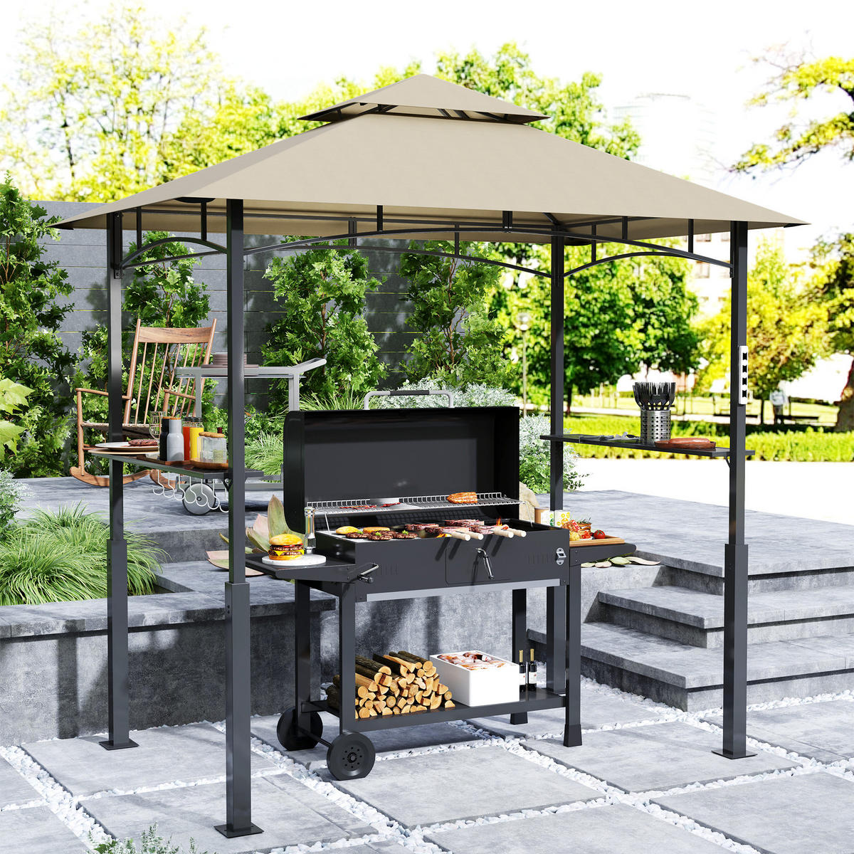GRILLPAVILLON DE-12666 240/150/250 cm LED, 2 Regale, 8 Haken Kaki - Mokka, Metall (148/248/243cm) - ComfortXL