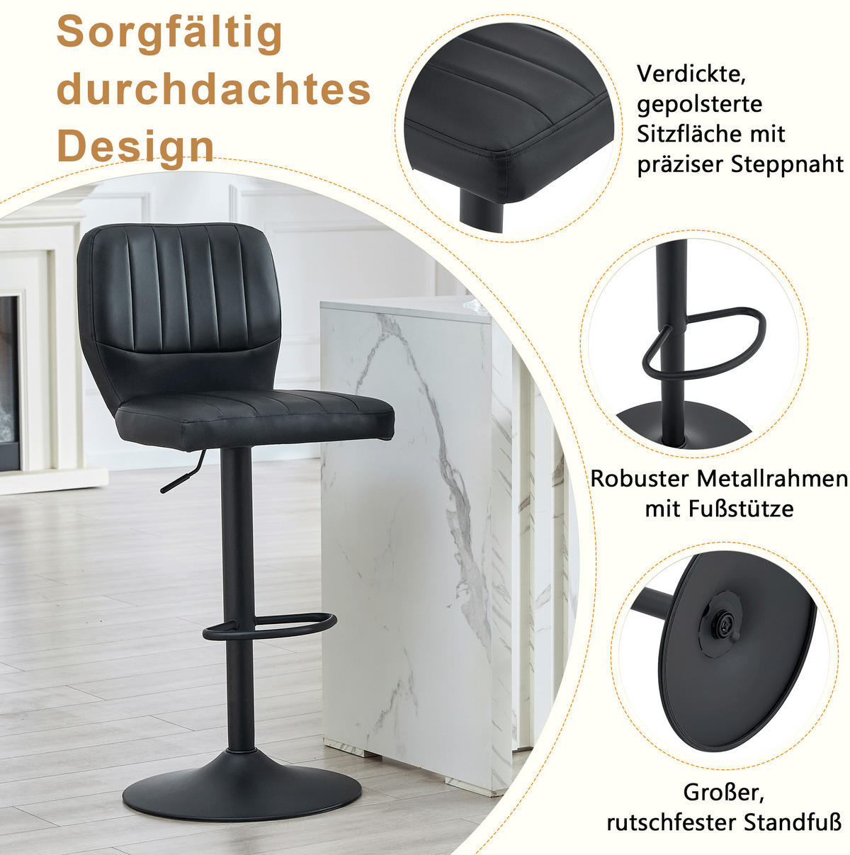 BARHOCKER höhenverstellbar 62-83 cm Schwarz - Schwarz, Metall (45/114/52cm) - Meubliv