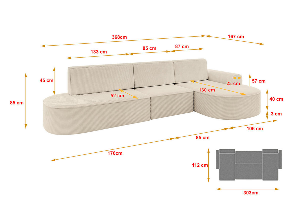 ECKSOFA mit Schlaffunktion Ottomane RECHTS MARI L2-S 368X167X85 Beige Cord - Schwarz/Cappuccino, Holzwerkstoff/Kunststoff (167/368cm) - ALTDECOR