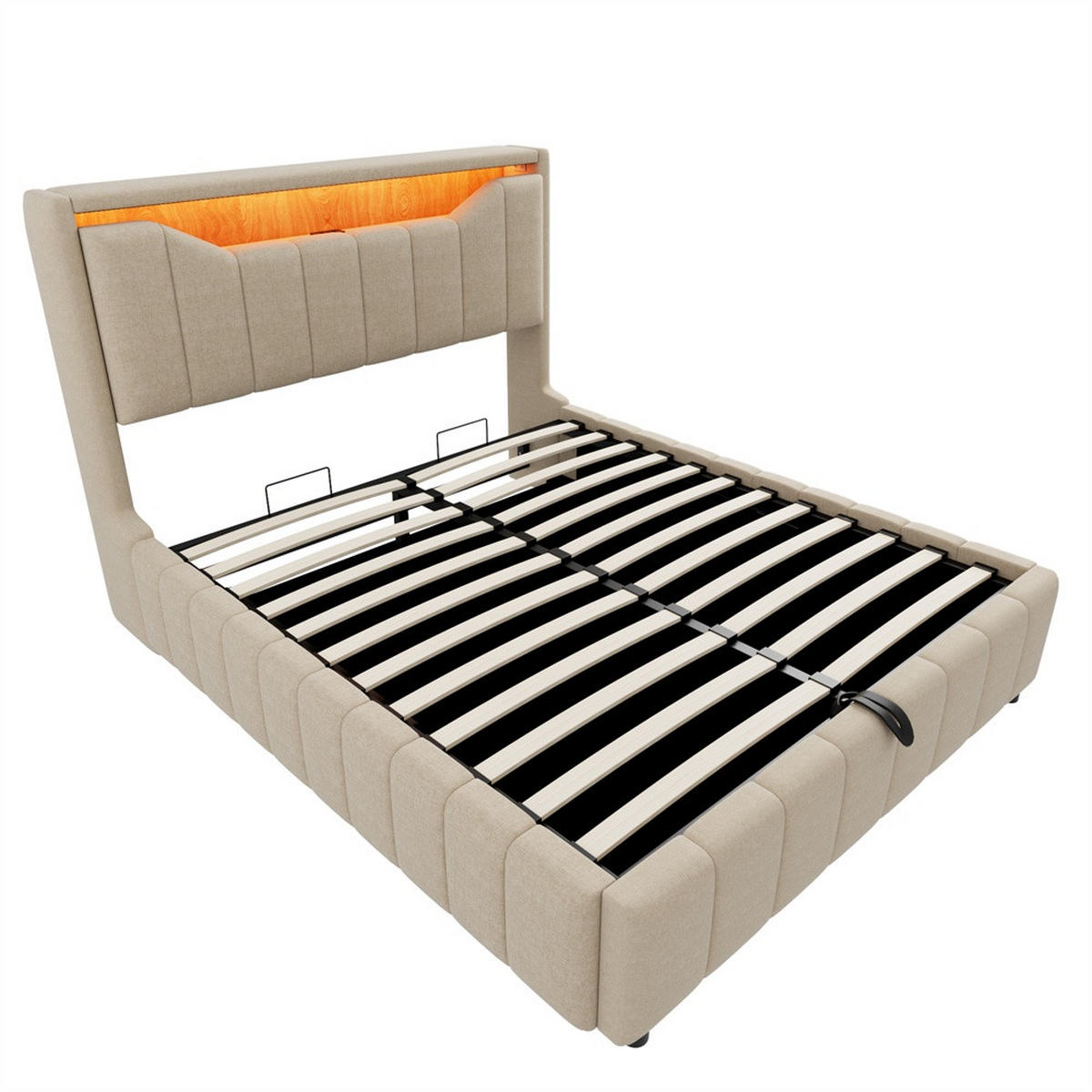POLSTERBETT 140x200 cm mit hydraulischem Stauraum - klappbarem Kopfteil, LED & USB - Beige - ohne Matratze - Beige, Textil (140/200cm) - DELFA
