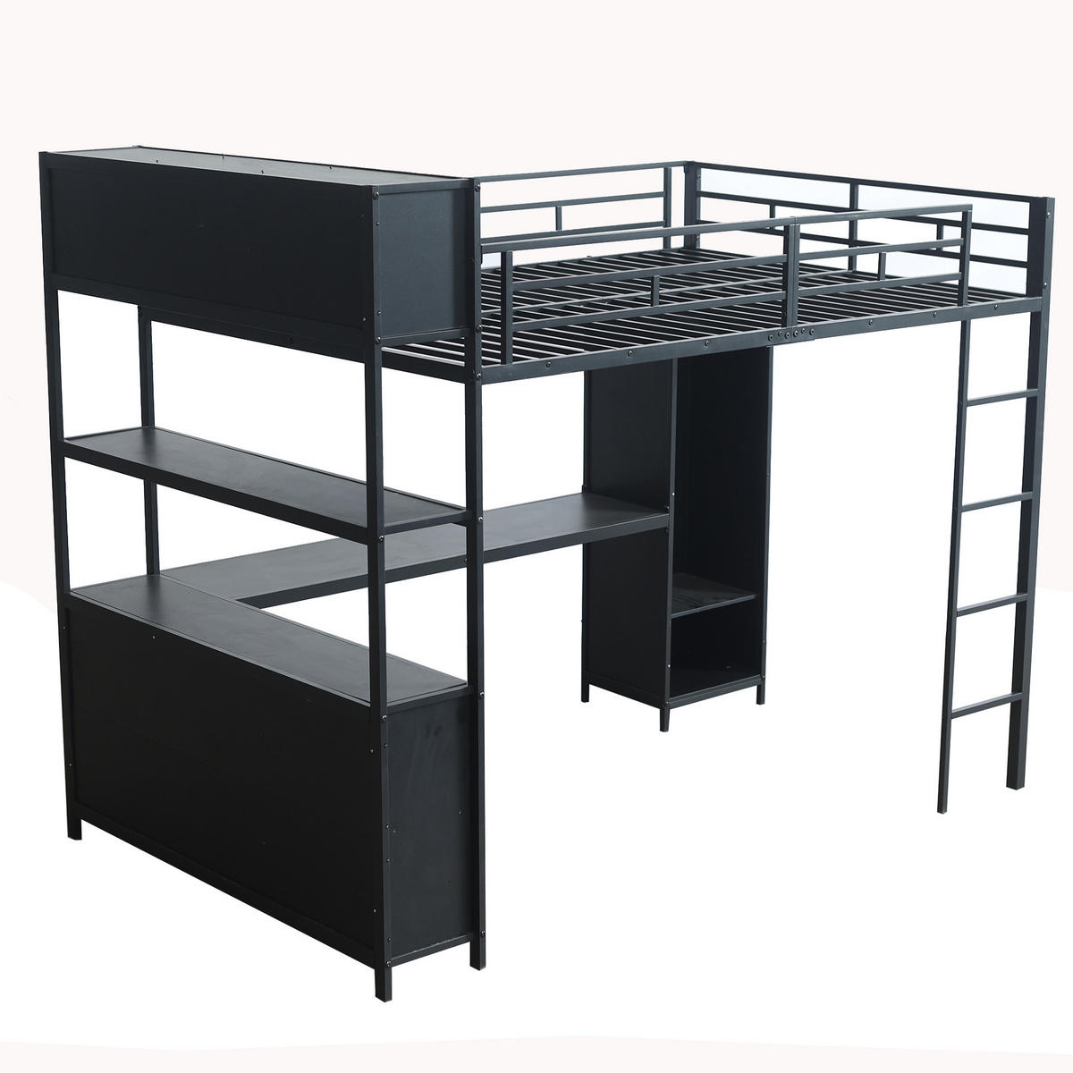 HOCHBETT 140/200 cm aus Eisen und Holzwerkstoff mit Schreibtisch, Kleiderschrank und Stauraum Schwarz - Schwarz, Metall (140/200cm) - Modenvie