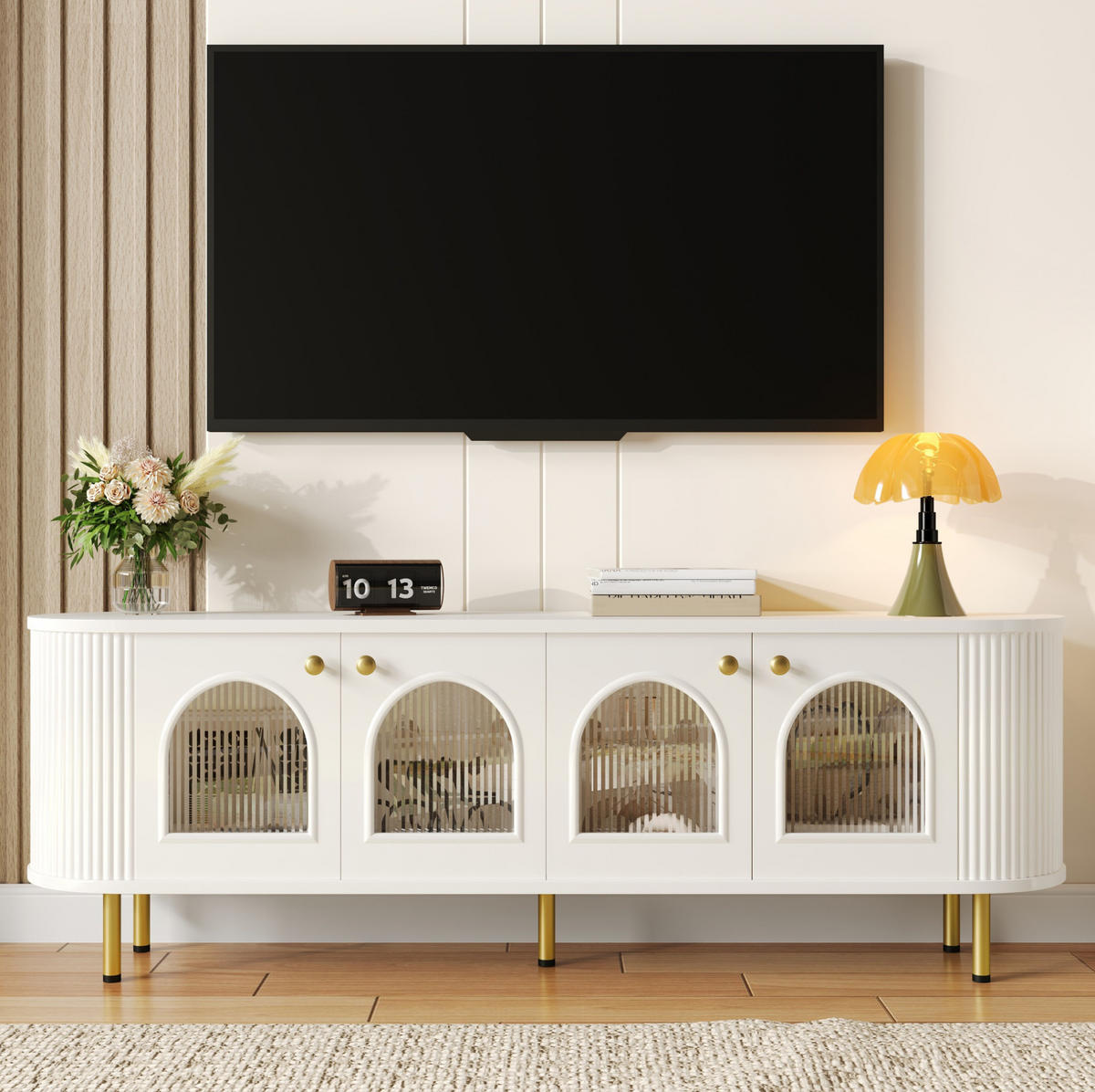 TV-ELEMENT mit 4 Glastüren 170 x 35 x 55 cm MDF White and Gold - Weiß, Holzwerkstoff (35/55/170cm) - Beauniv