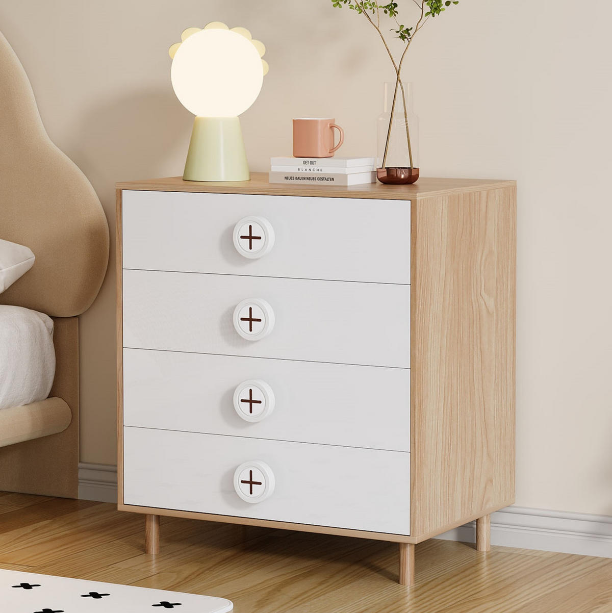 KOMODA s 4 predali v naravni in beli barvi, 80/54/90 cm - naravne barve, leseni material (54/90/80cm) - OKMYHOME