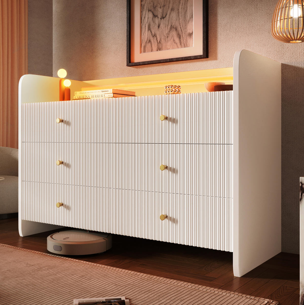 SIDEBOARD 40/120/75 cm mit LED-Beleuchtung, 6 Schubladen und offenem Fach, Weiß - Weiß, Holzwerkstoff (120/75/40cm) - Redom