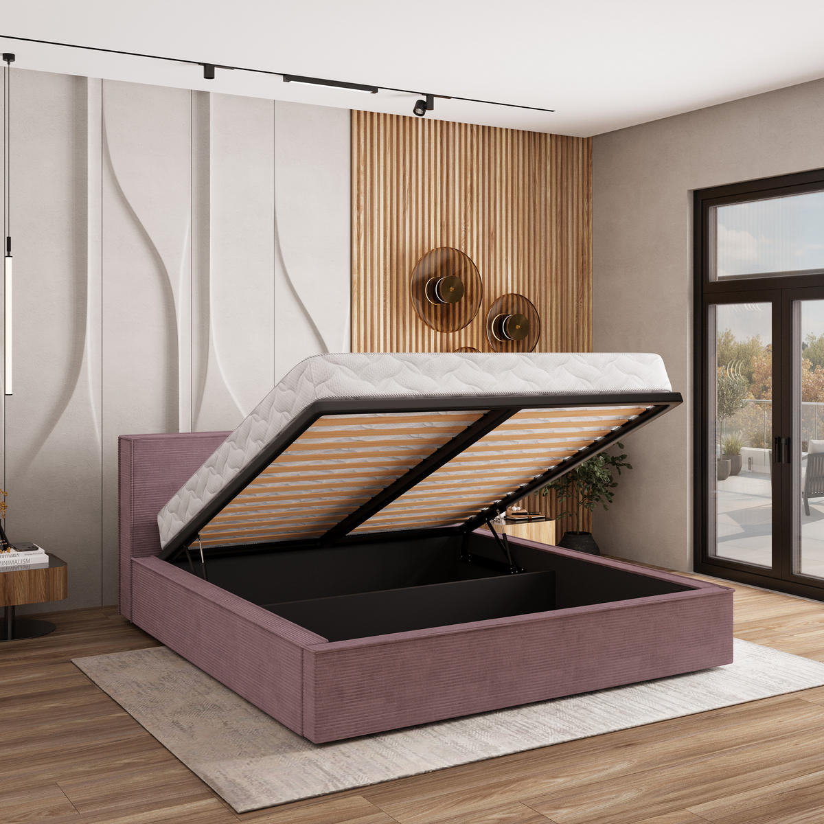 POLSTERBETT CELORA 180x200 cm mit Bettkästen - Lila - Lila, Holz (180/200cm) - MASSENO