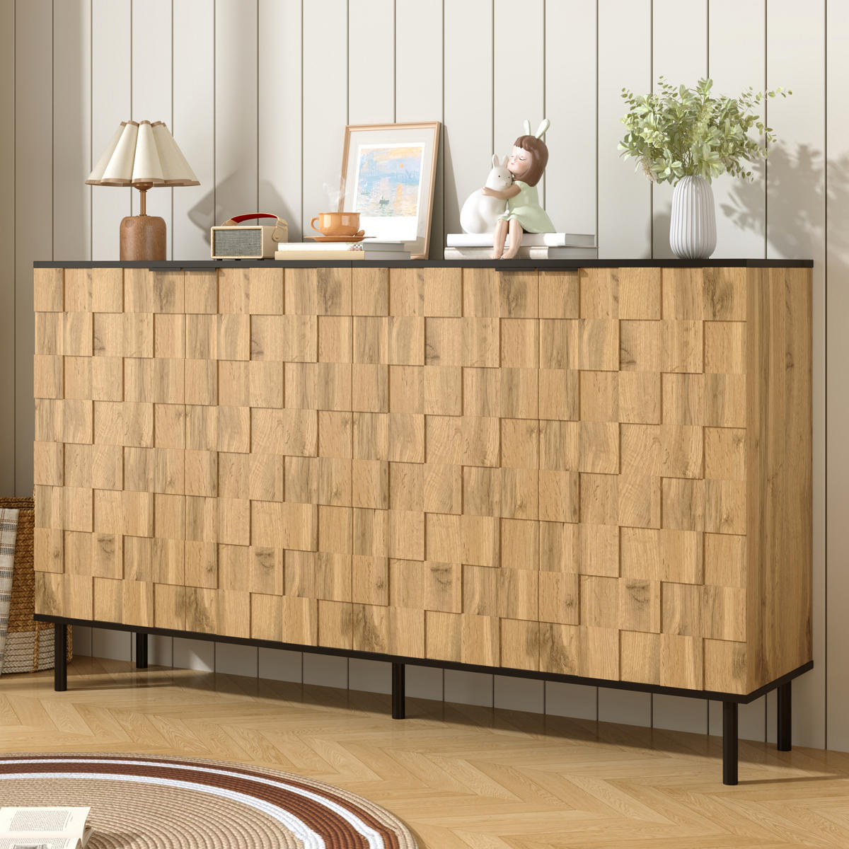 SIDEBOARD 160/35/80,5 cm mit 2 Türen in Natur/Schwarz & Mosaikfronten - Naturfarben, Holzwerkstoff (160/80/35cm) - BEAOK