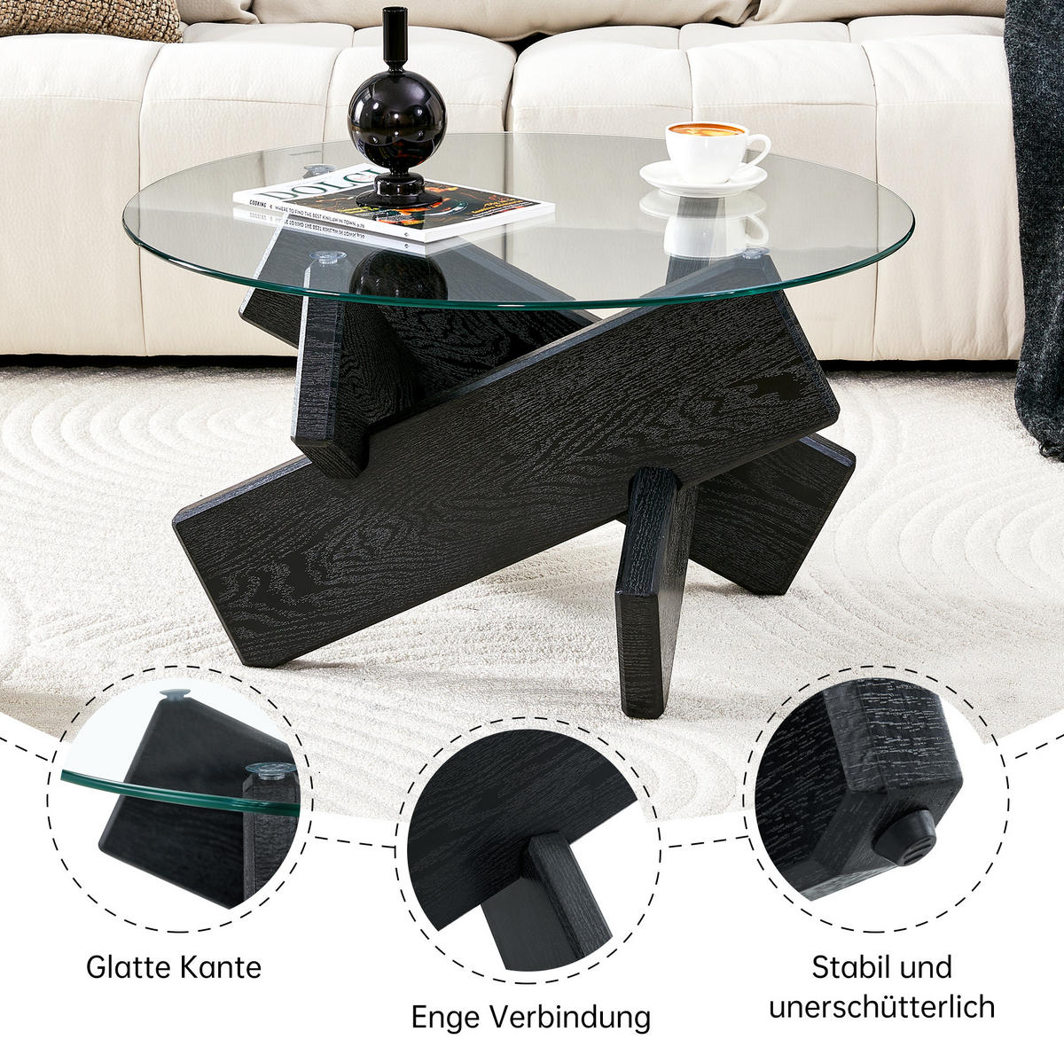 COUCHTISCH 79/45 cm schwarz transparent aus MDF und Glas mit Kreuzgestell - Schwarz, Holzwerkstoff (79/79/45cm) - OKMYHOME