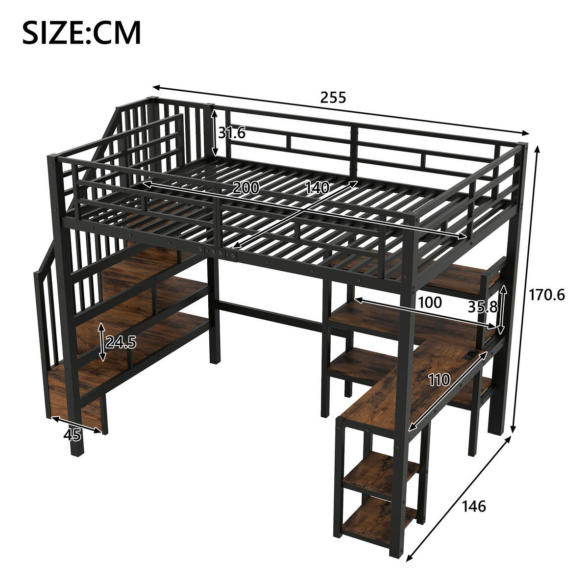HOCHBETT 140/200 cm Schwarz mit Schreibtisch und LED - Schwarz, Metall (140/200cm) - MIVRAY