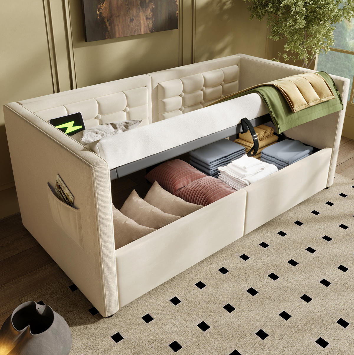 BETT 90/200 cm Beige mit hydraulischem Stauraum und USB- und Type-C-Anschlüssen - Beige, Textil (90/200cm) - OKWISH