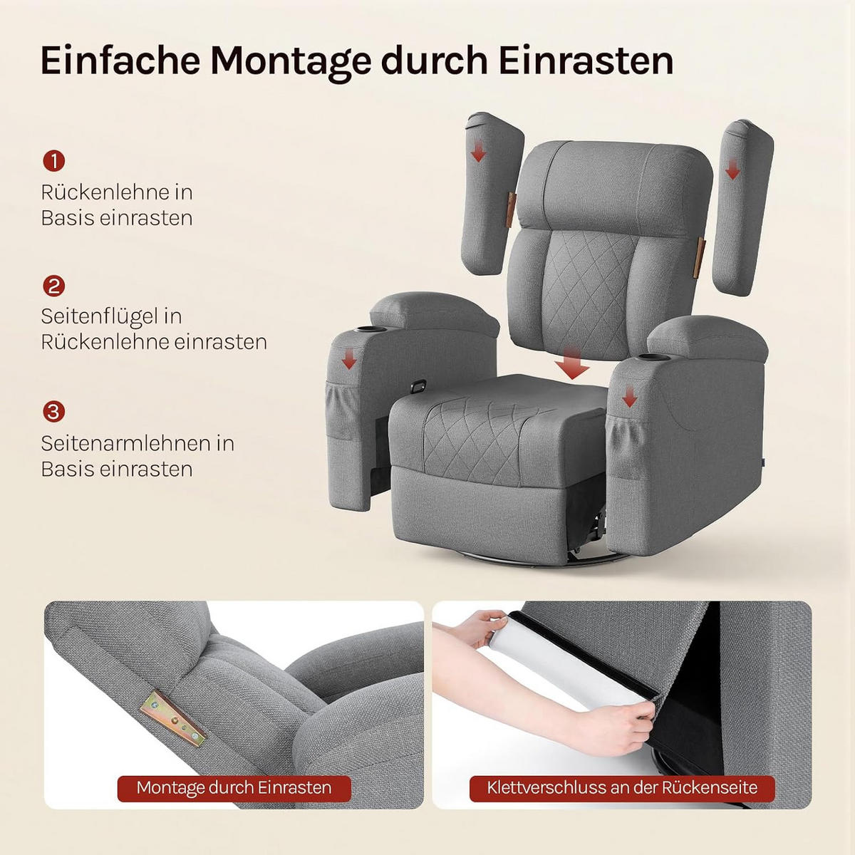 RELAXSESSEL mit Liegefunktion, drehbar, Leinenoptik, Grau - Grau, Kunststoff/Textil (87/103.5/94.5cm) - Woltu