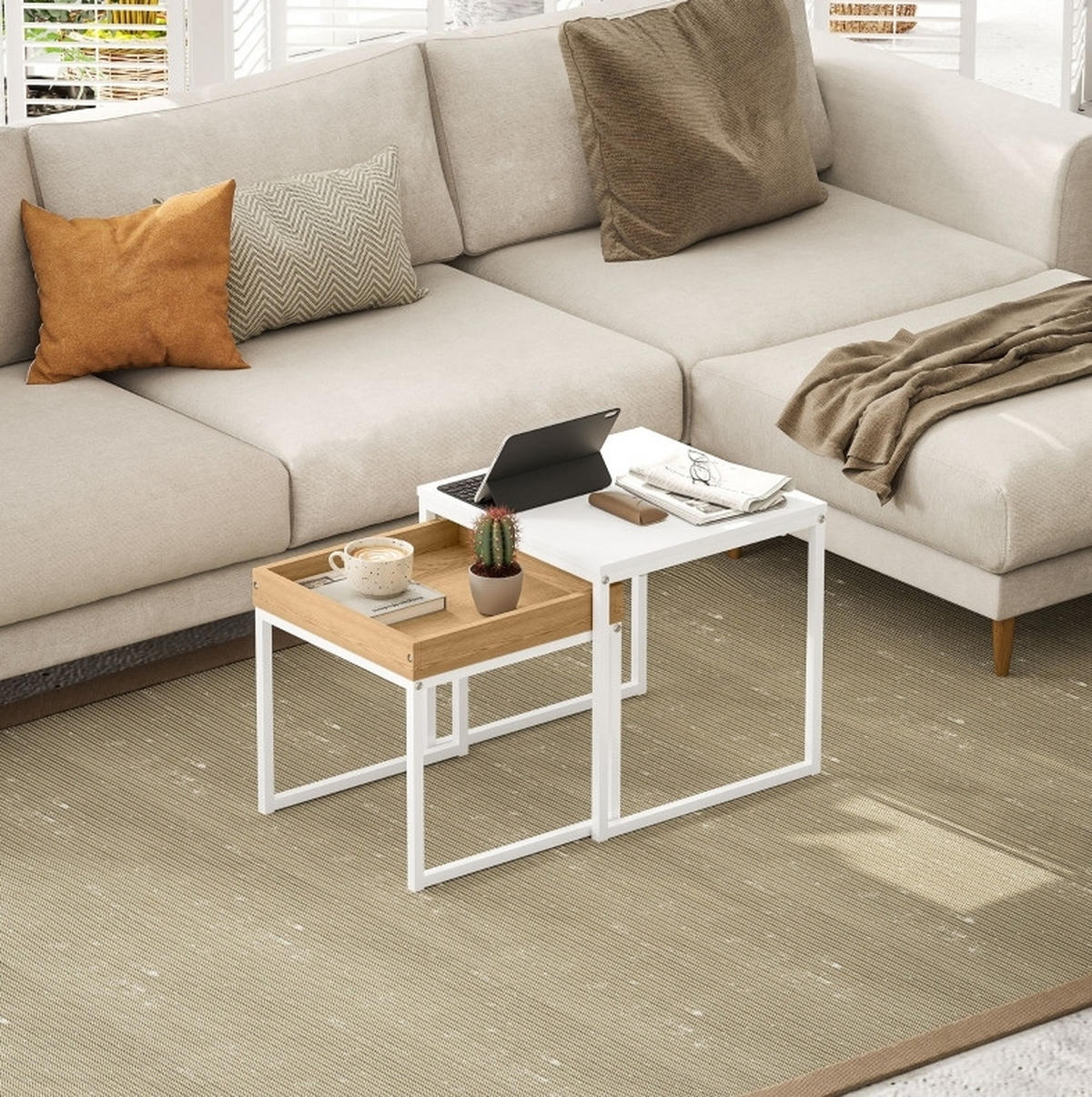 COUCHTISCH 45/40 cm weiß aus Stahl und MDF mit Tablett - Weiß, Metall (45/45/45cm) - OKMYHOME
