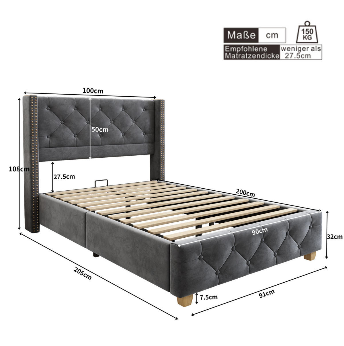 POLSTERBETT mit Lattenrost 90x200 cm Samt Grau - Grau, Metall (90/200cm) - Beauniv