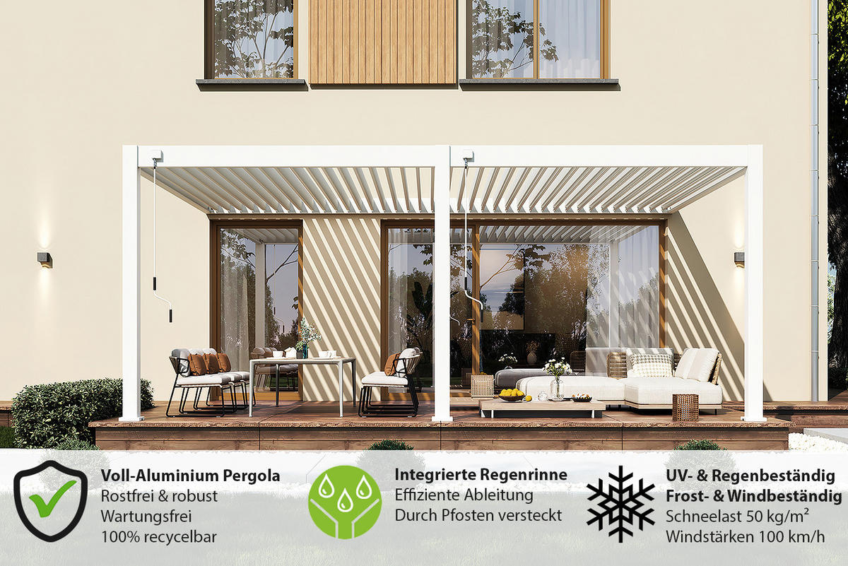 WANDPERGOLA Deluxe Plus Wand Pavillon Terrassenüberdachung Aluminium 4 x 6 M weiß - Weiß, Metall (400/255/600cm) - WEIDE