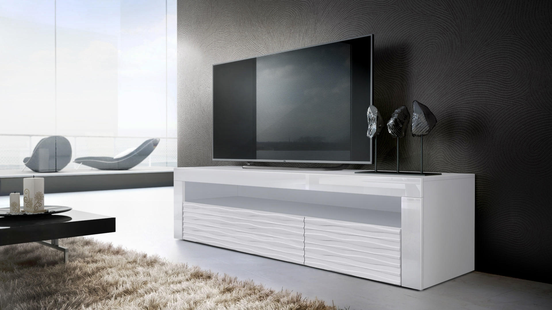 SIDEBOARD Valencia Fronten in Weiß Hochglanz Harmony mit 3D Struktur - Messingfarben, Holzwerkstoff (155/46/40cm) - Vladon