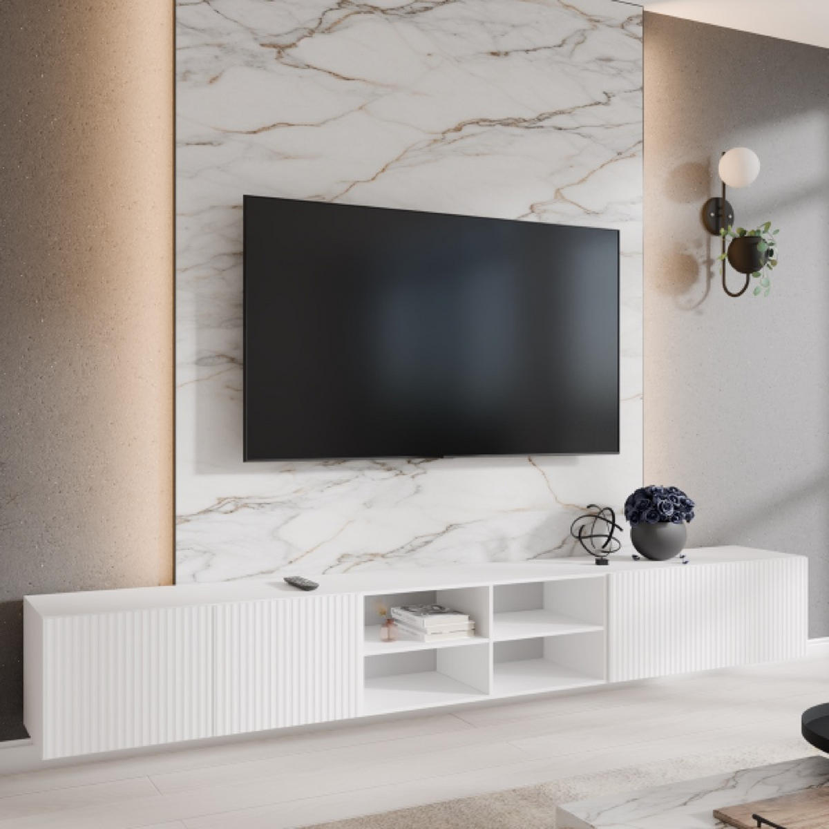 TV-LOWBOARD Weiß NOELI 300 Offene Mit Regalen Riffelstruktur - Weiß, Holzwerkstoff (300/41/40cm) - Sepro Meble