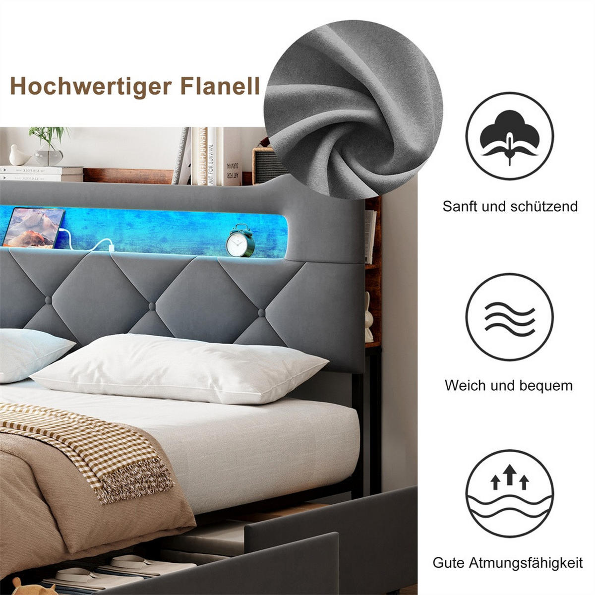 POLSTERBETT 160x200 cm - Doppelbett mit Stauraumkopfteil - 4 Schubladen und LED-Beleuchtung - ohne Matratze - Grau - Grau, Textil (160/200cm) - DELFA