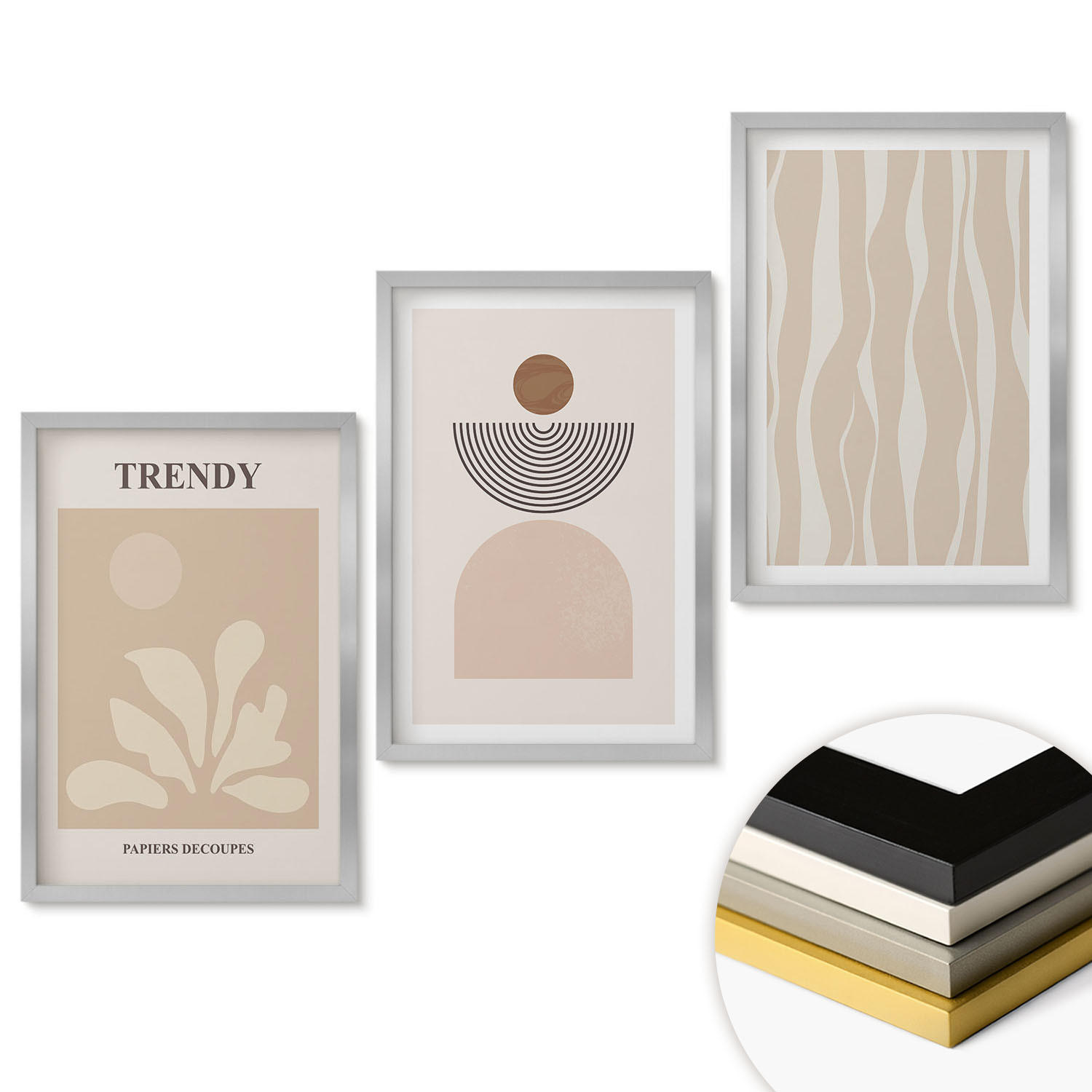 WANDBILDER 3er Set - 40x60 cm Silberner Rahmen - Stilvolle abstrakte Beigetöne - Silberfarben, Kunststoff (40/60cm) - ArtPrintCave