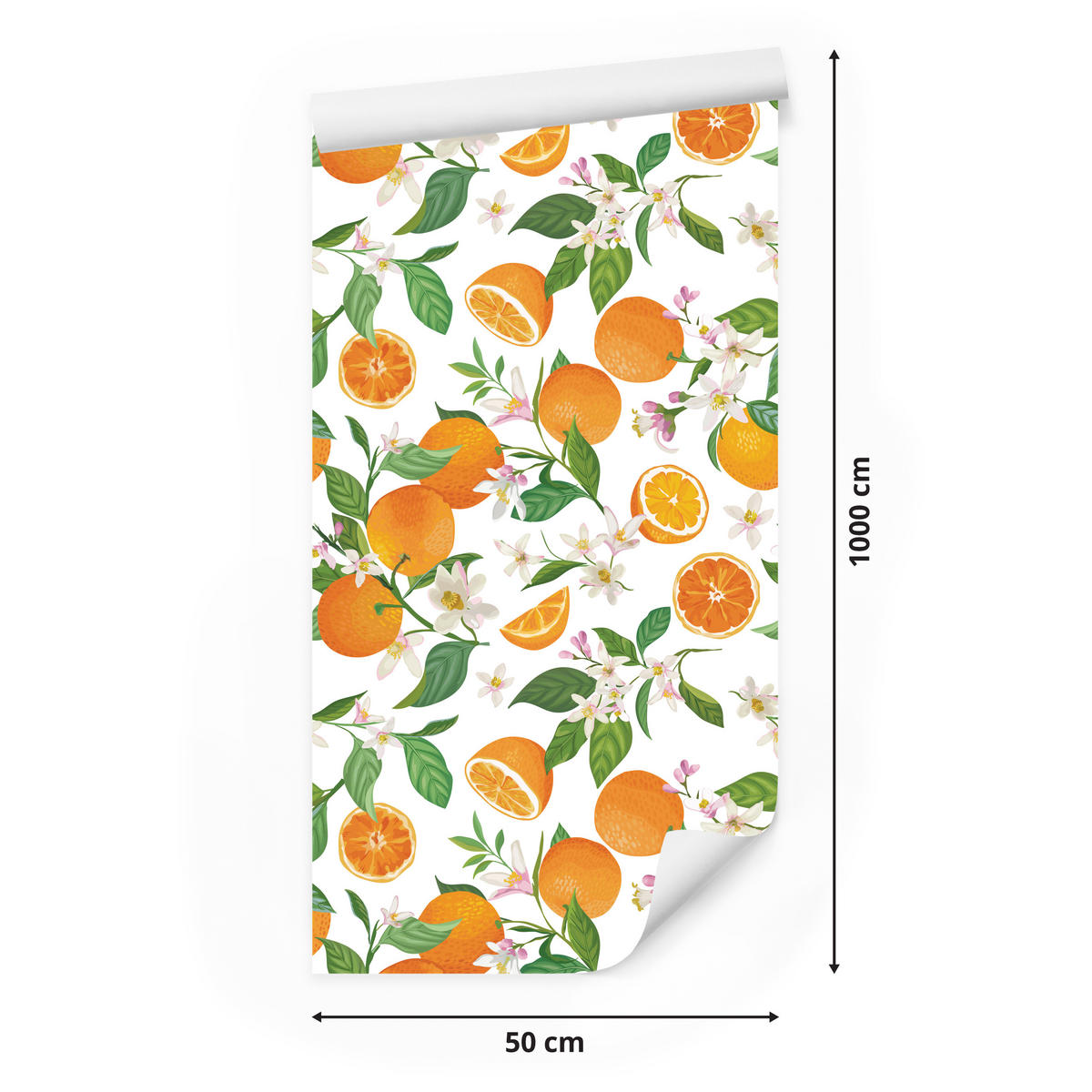 VLIESTAPETE Orangen und Blüten – Orange, Grün, Weiß – 50x1000 cm - Orange/Weiß, Papier (50/1000cm) - Muralo