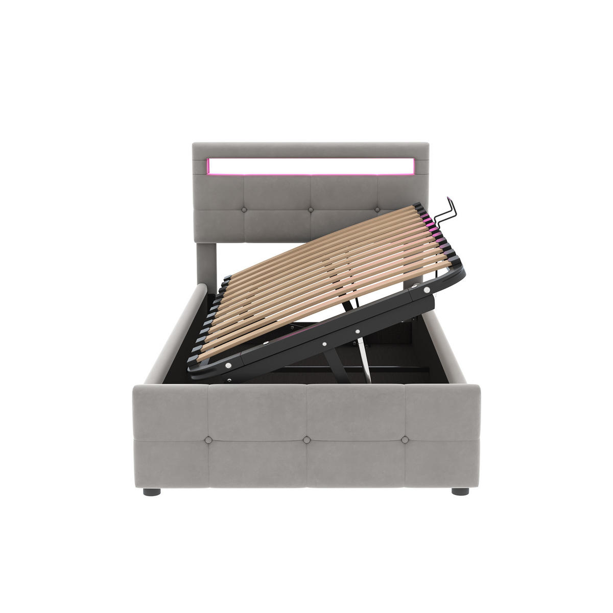 POLSTERBETT 90/200 cm Grau mit LED-Beleuchtung und hydraulischem Stauraum - Grau, Textil (90/200cm) - OKWISH