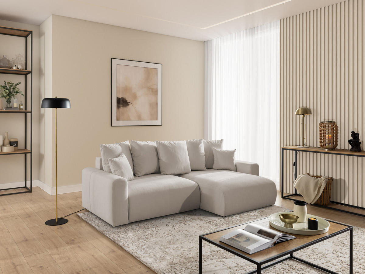ECKSOFA Calma mit Schlaffunktion und Bettkasten im Bumpy-Design aus weichem Beige Webstoff - Ottomane rechts - Beige/Schwarz, Holz/Kunststoff (140/239cm) - S-Style