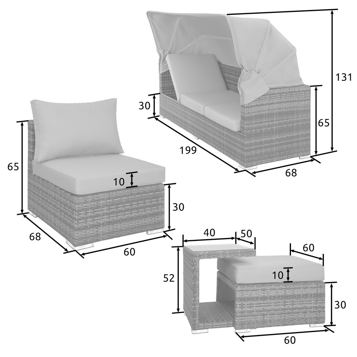 RATTANLOUNGE San Marino,mit Sicherheitsglasplatte, variabel aufstellbar,grau - Grau, Kunststoff (68/131cm) - tectake