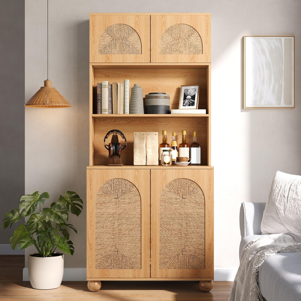KÜCHENSCHRANK mit Seilgeflecht-Türen, dreigeteilt, Kieferholzfüße, Natur, 80/180/40 cm - Naturfarben, Kunststoff (40/180/80cm) - Rolipo