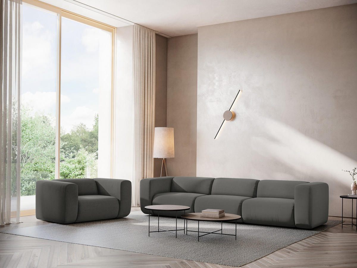 3-SITZER SOFA Samt Stoff Grau - Dunkelgrau/Schwarz, Kunststoff/Textil (228/70/89cm) - Makamii