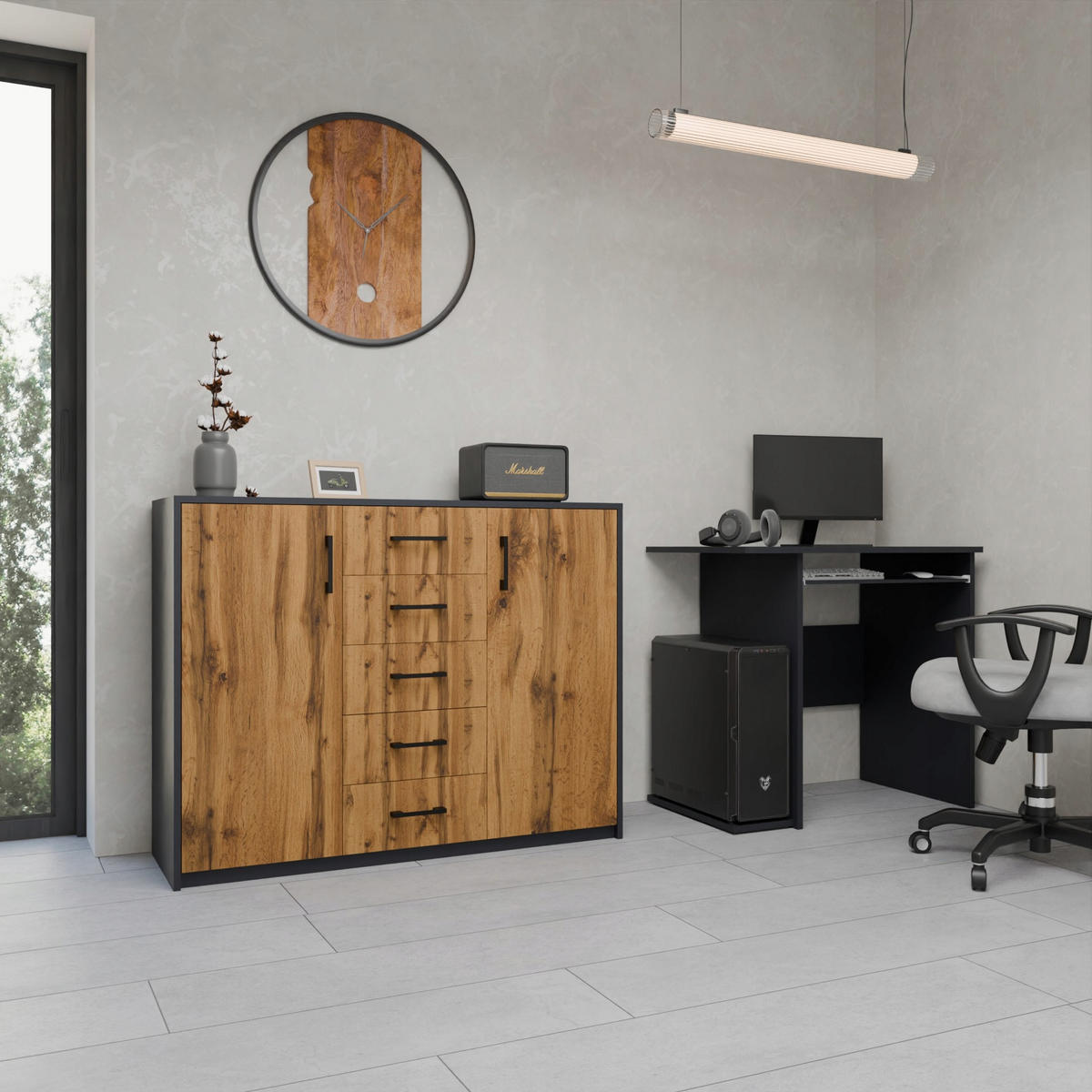 KOMMODE 2D5S Anthrazit-Wotan Eiche 110/35/85 cm moderne Optik - Anthrazit/Eiche Wotan, Holzwerkstoff (110/85/35cm) - Matkam Möbel