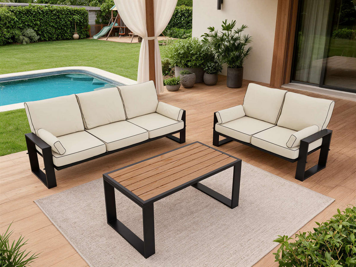 GARTENMÖBEL-SET ELBA: 1x Tisch, 2x Sofa - Beige - Beige, Textil - MKS