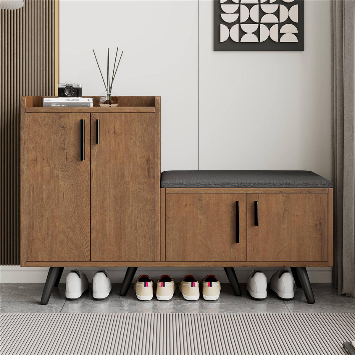 SCHUHSCHRANK Schuhbank 120x34x82 cm Metallgriffe Braun - Braun, Holz (120/82/34cm) - Kaket
