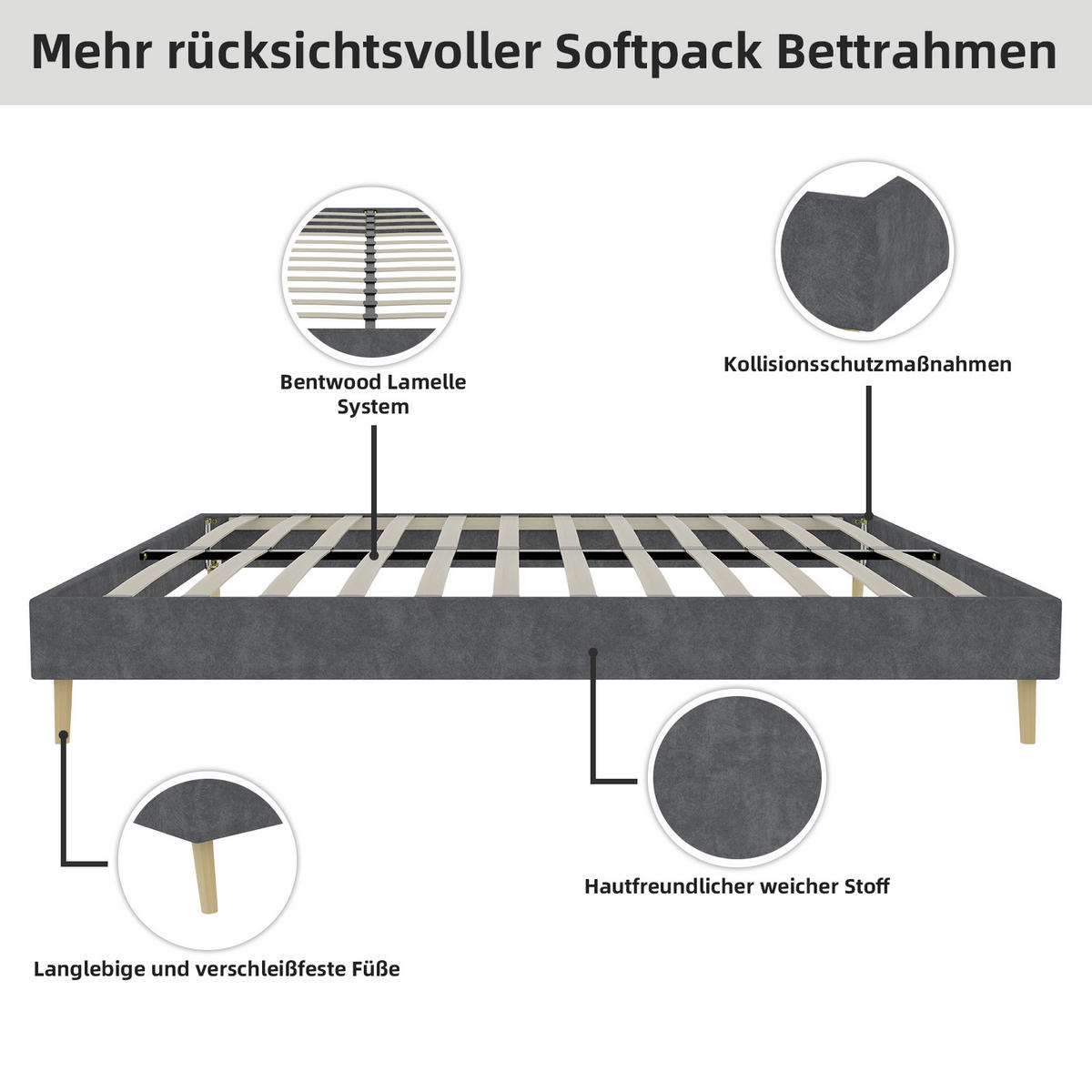 POLSTERBETT 140x200 cm Samt ohne Stauraum grau - Grau, Textil (140/200cm) - LEBENLANG