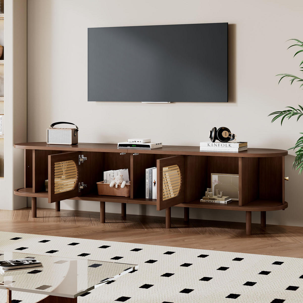 TV stolík 180/40/40 cm tmavý dub s ratanovým vzhľadom a posuvnými dvierkami z MDF - hnedá, kompozitné drevo (180/40/40cm) - OKWISH