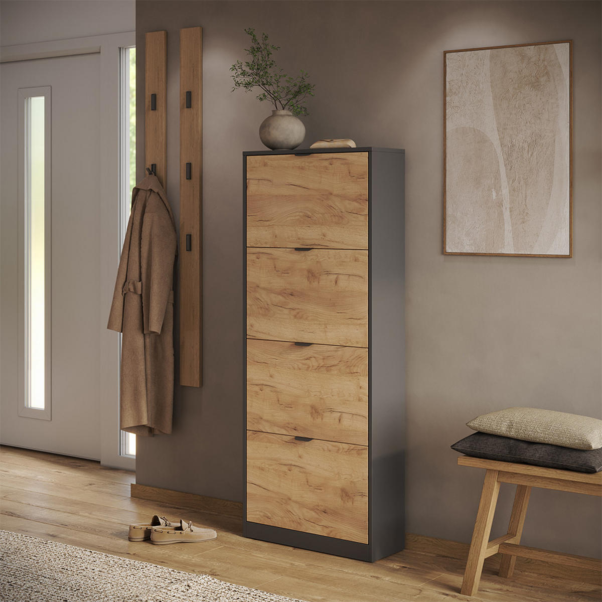 SCHUHKIPPER Gizmo, Goldkraft Eiche/Anthrazit, 59 x 146.6 cm mit 4 Fächern - Honigeiche/Anthrazit, Holzwerkstoff (59/146.6/22cm) - Vicco
