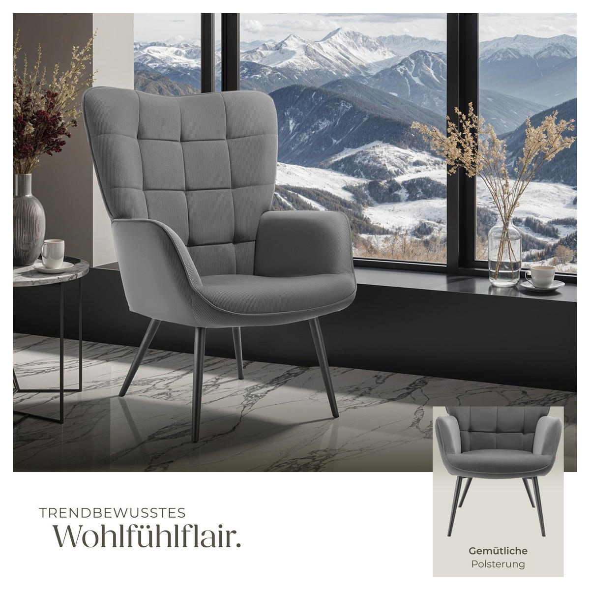 SESSEL Hygge,72 x 76 x 100,5 cm,Feincord anthrazit/schwarz - Anthrazit/Schwarz, Kunststoff (72/100.5/76cm) - tectake