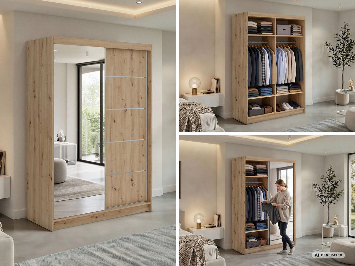 SCHWEBETÜRENSCHRANK 150 - SKORIA - Eiche Artisan mit Spiegel - Alufarben/Eiche Artisan, Holzwerkstoff/Metall (150/216/61cm) - MKS
